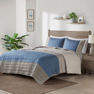 Madison Park Blake Casual 3 Piece Printed Color Blocking Microfiber Quilt Set MP13-8133 Taupe/Blue