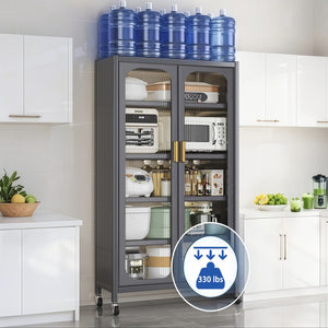 English Elm 65" Metal Pantry Cabinet with Transparent Doors, 6-Tier Adjustable Shelves, Locking Wheels, Gray W3204P300623