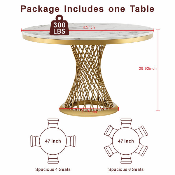 English Elm 47" Round Marble Dining Table - Luxurious Faux Marble Top & Sturdy Stainless Steel Base For Versatile Use W3456S00002