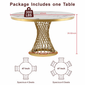 English Elm 47" Round Faux Marble Dining Table Mirror Polished Steel Base Seats Four Modern W3456S00056