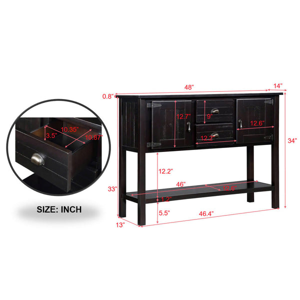 English Elm 48'' Solid Wood Console Table Retro Sideboard with 2 Drawers, Cabinets & Bottom Shelf — Espresso Finish, Sturdy Durable Design (48"L x 14"W x 34"H) W1202P263636
