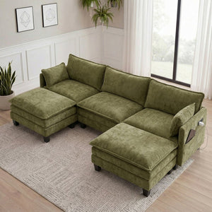 English Elm Modern Chenille Three Seat Sofa with Ottoman Usb Charging Ports and Storage Pockets Green W2519S00005