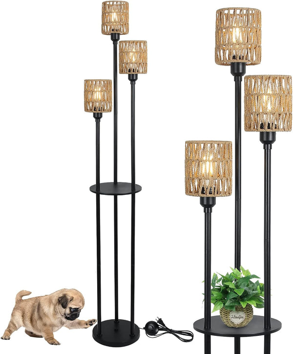 English Elm Boho 3-Light Floor Lamp with Shelf, Rattan Shades Rustic Tall Standing Lamp with Foot Switch W2738P185405