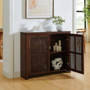 English Elm 39.4" Mid Century Modern Rattan Sideboard Buffet Cabinet with Pop-Up Doors, Charging Holes, Stylish Storage Walnut W1801P362142