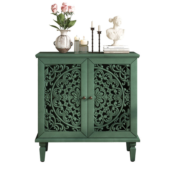 English Elm Vintage Hollow-Carved Accent Cabinet with Floral Motif, 2-Door Sideboard, Adjustable Shelf, Solid Wood Legs Antique Green W1445P384720