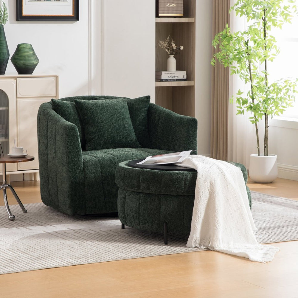 English Elm 39"w Swivel Barrel Club Chair with Channel Tufted Chenille and Round Storage Ottoman Set Green W3118S00049