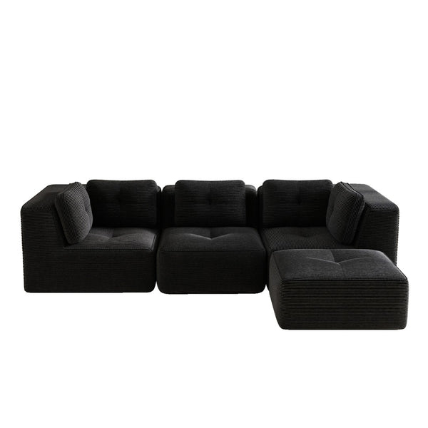 English Elm Modern Corduroy Sectional Sofa Tufted Deep Seat Couch with Movable Ottoman No Assembly Black W714S01790