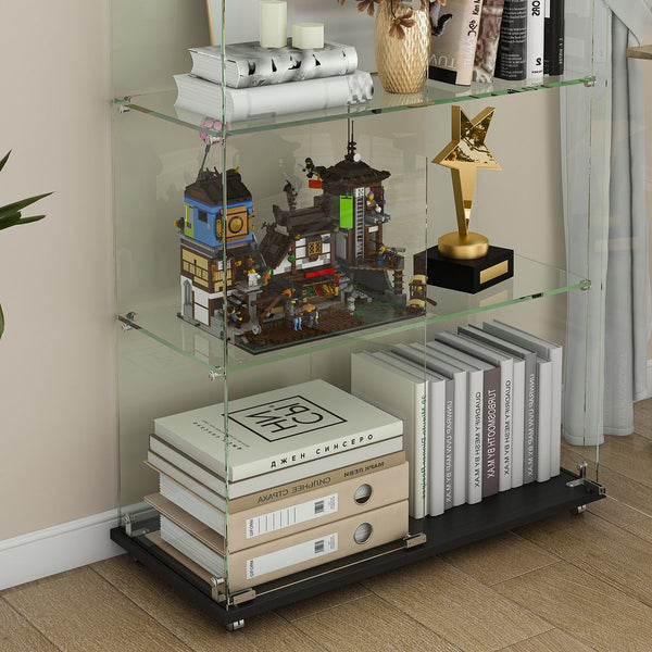 English Elm 5-Tier Glass Display Cabinet with 5 LED Modes, Tempered Glass, Double Doors, Sturdy Steel Hardware W2700P353067