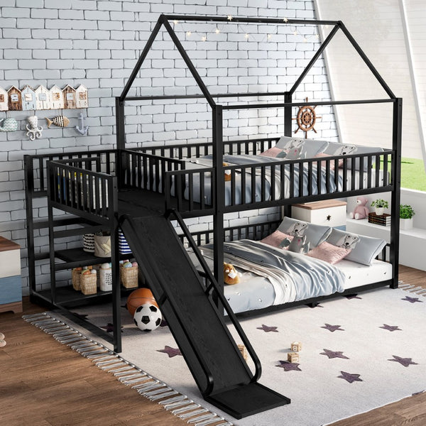 English Elm Full Metal House Bunk Bed with Slide Storage Stairs and Safety Rails for Kids W1580S00345