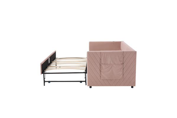 English Elm Twin Velvet Upholstered Daybed with Trundle, V-Pattern Backrest, USB Port, Side Pockets, Sturdy Design Pink W1361S00042