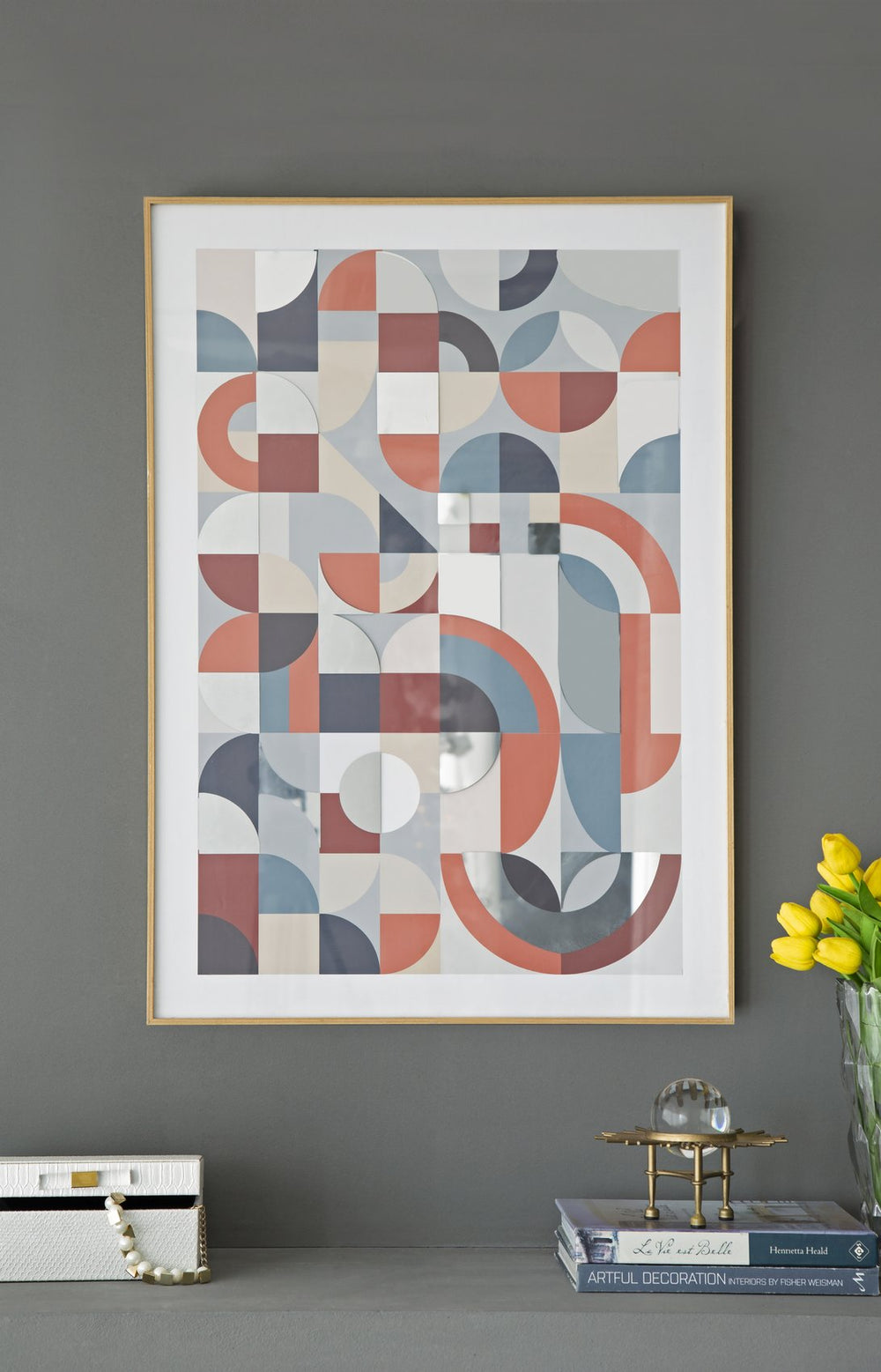 English Elm 23.8x33.6x1.6" Henderson Framed Mirror Art - Mid-Century Inspired Bold Colors & Geometric Design for Living Room W2078P313329