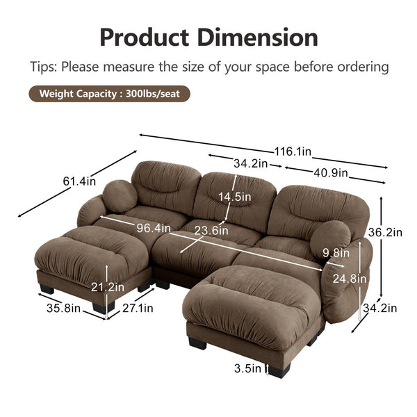 English Elm Pleated Chenille U-shape Sectional Sofa with Ottomans Ergonomic Foam Curved Armrests Brown W5656S00060