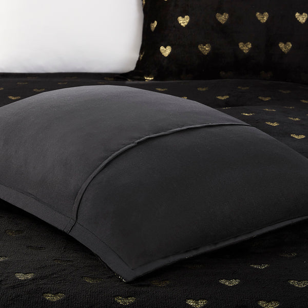 JLA Home Mi Zone - Metallic Plush Comforter Set with Shimmering Heart Print, Hypoallergenic Fill, OEKO-TEX Certified Washable Black/Gold MZ10-0652