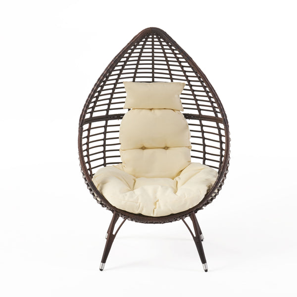 English Elm Christopher Knight Home® - CUTTER Teardrop Wicker Patio Chair with Water‑Resistant Beige Cushion, Metal Resin Frame, Plush Comfort 55787.00MBRN