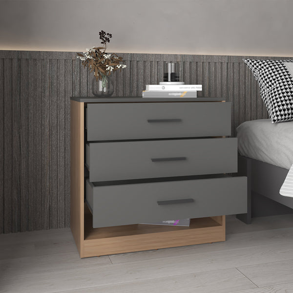 English Elm Alder 27" High Three Drawer Dresser with Open Shelf — Compact Matte Gray & Oak Accent Storage Piece B070P337064
