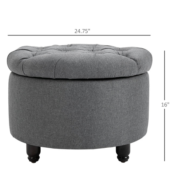 English Elm HOMCOM Round Linen-Touch Storage Ottoman with Button Tufting, Removable Lid, Wooden Legs, Grey W2225P217747