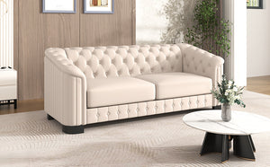 English Elm 82.4" Mid Century Modern Velvet Sofa Couch with Rubber Wood Legs, Plush Pocket-Spring 3-Seater Elegance Beige N719S000576A