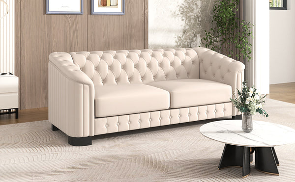 English Elm 82.4" Mid Century Modern Velvet Sofa Couch with Rubber Wood Legs, Plush Pocket-Spring 3-Seater Elegance Beige N719S000576A