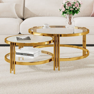 English Elm Modern Nesting Coffee Table Set Textured Tempered Glass Gold Tripod Base Living Room N735P354005A