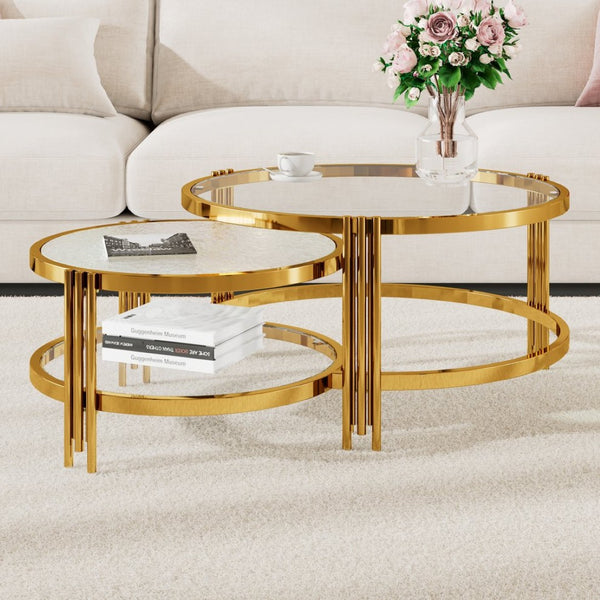 English Elm Modern Nesting Coffee Table Set Textured Tempered Glass Gold Tripod Base Living Room N735P354005A