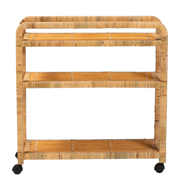 English Elm Modern Rattan Woven Kitchen Cart with Three Open Shelves and Rolling Caster Base B2750P467695