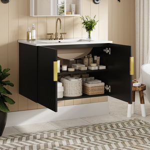 English Elm 30" Vintage Bathroom Vanity with Ceramic Sink — Wall-Mount MDF & Solid Wood Cabinet, Storage, Sleek Finish Black N710P214100B
