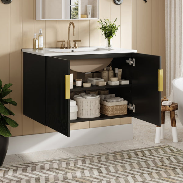 English Elm 30" Vintage Bathroom Vanity with Ceramic Sink — Wall-Mount MDF & Solid Wood Cabinet, Storage, Sleek Finish Black N710P214100B