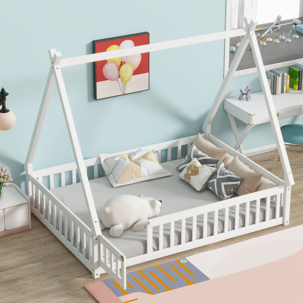 English Elm Full Size Tent-Shaped Floor Bed In White - Rubberwood Frame With Guardrails, Slats & Cozy Door W504P345787