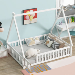 English Elm Full Size Tent-Shaped Floor Bed In White - Rubberwood Frame With Guardrails, Slats & Cozy Door W504P345787