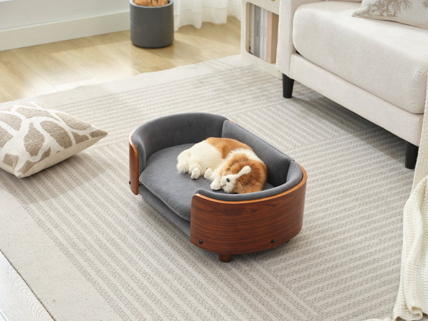 English Elm Scandinavian Elevated Pet Sofa Bed with Walnut Bent Wood Back, Velvet Stain-Resistant Fabric, Cozy Rest Dark Gray W794125914