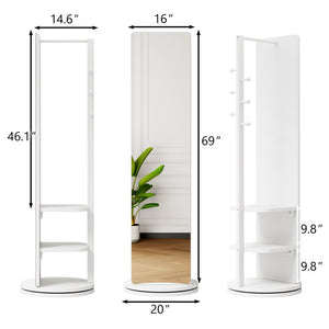 English Elm 360° Rotating Full Length Mirror with Coat Hooks Solid Rubberwood Frame White Bedroom W2987P289172