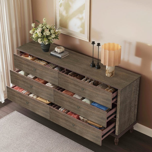 English Elm 6-drawer Wide Dresser Burnt Wood Grain Finish Copper Handles Roman Column Legs Bedroom Deep Rustic Brown W1445S00003