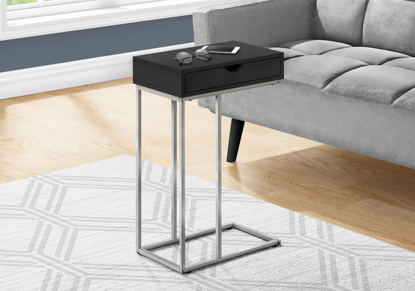 English Elm Accent C-shaped End Table with Sliding Base and Storage Drawer — Contemporary Metal Frame Design Black 23 L x 17 W x 3 H B2710P219422