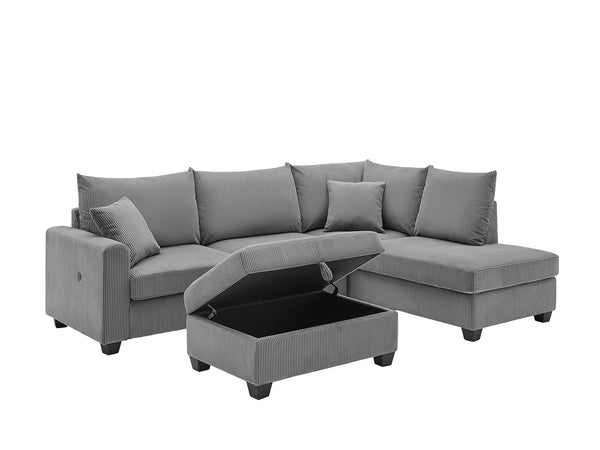 English Elm Rowan 107" Dark Gray Corduroy Sectional Sofa with Right Chaise, USB & USB-C Ports, Storage Ottoman B061S00922