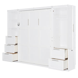 English Elm Queen Murphy Wall Bed with Wardrobe Drawers and Shelves for Studio or Guest Room White LP000865AAK-2