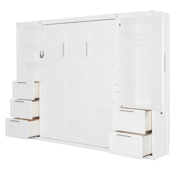English Elm Queen Murphy Wall Bed with Wardrobe Drawers and Shelves for Studio or Guest Room White LP000865AAK-2