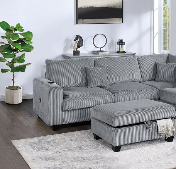 English Elm Contemporary 3pc Sectional Set with USB Charging, Corduroy Upholstery, Storage Ottoman & Pillows Fog 77 L x 35 W x 17 H B011S01239