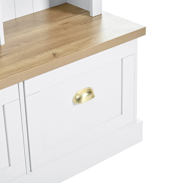 English Elm Farmhouse Hall Tree with Triple Arch Back Panel Eight Hooks Drawers and Entryway Bench White N721S000062K