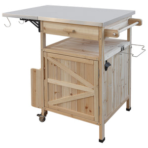 English Elm K&K 40.5" Outdoor Grill Cart with 201 Stainless Top, Solid Fir Storage, Drop Leaf & Lockable Wheels Natural N707P228272Y