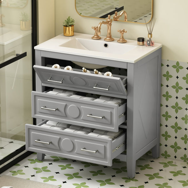 English Elm 30'' Bathroom Vanity with Ceramic Sink, Solid Wood Frame Retro Style Vanity with 3 Drawers & Gold Handles Gray N710P246209E