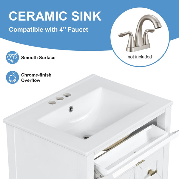 English Elm "24'' 24 Inch Glossy Freestanding Bathroom Vanity with Gold Hardware and Soft Close Storage White Rubberwood N725P448529K
