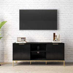 English Elm Modern Wave Door Media Console with Gold Legs Soft Close Hinges and Open Shelf W3151P407896