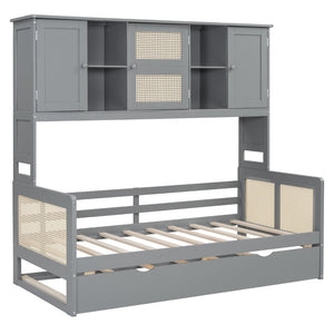 English Elm Twin Size Wooden Daybed With Trundle, Integrated Storage Cabinet & Shelves In Elegant Gray Finish N820S00048E-GIGA