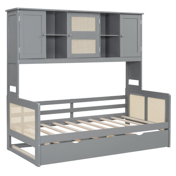 English Elm Twin Size Wooden Daybed With Trundle, Integrated Storage Cabinet & Shelves In Elegant Gray Finish N820S00048E-GIGA
