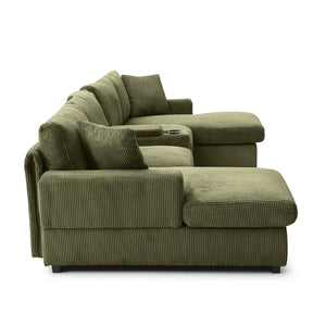 English Elm U Shaped Oversized Sectional Sofa with Double Chaise Console Cup Holders and Usb Port Green W1117S00266