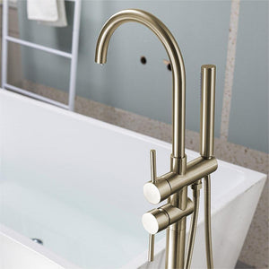 English Elm Floor Mount freestanding bathtub faucet with matte black finish, high-flow single-handle tub filler with handheld shower and 360° swivel spout, durable stainless steel and brass construction Brushed Gold T3177P277534