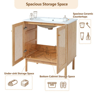 English Elm 30-inch bamboo bathroom vanity with handwoven rattan doors, soft-close hinges, ample storage beauty WF530472AAD