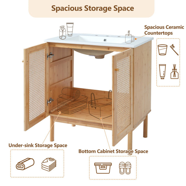 English Elm 30-inch bamboo bathroom vanity with handwoven rattan doors, soft-close hinges, ample storage beauty WF530472AAD