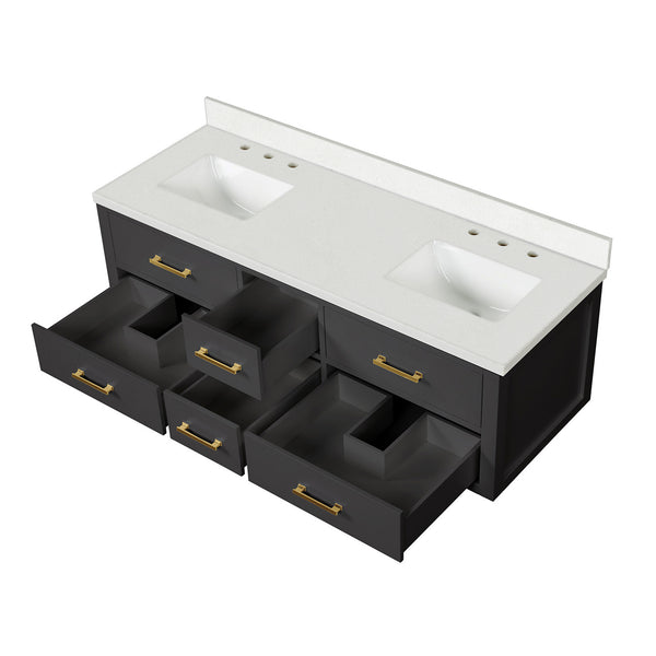 English Elm Black Double Bath Vanity 60" W With Elegant White Quartz Top, Soft-Close Drawers & Ample Storage B2731P258032