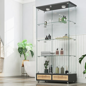 English Elm Modern Glass Display Cabinet With Led Lights, 4 Shelves & Drawers - Stylish Furniture For Collectors W241S00057